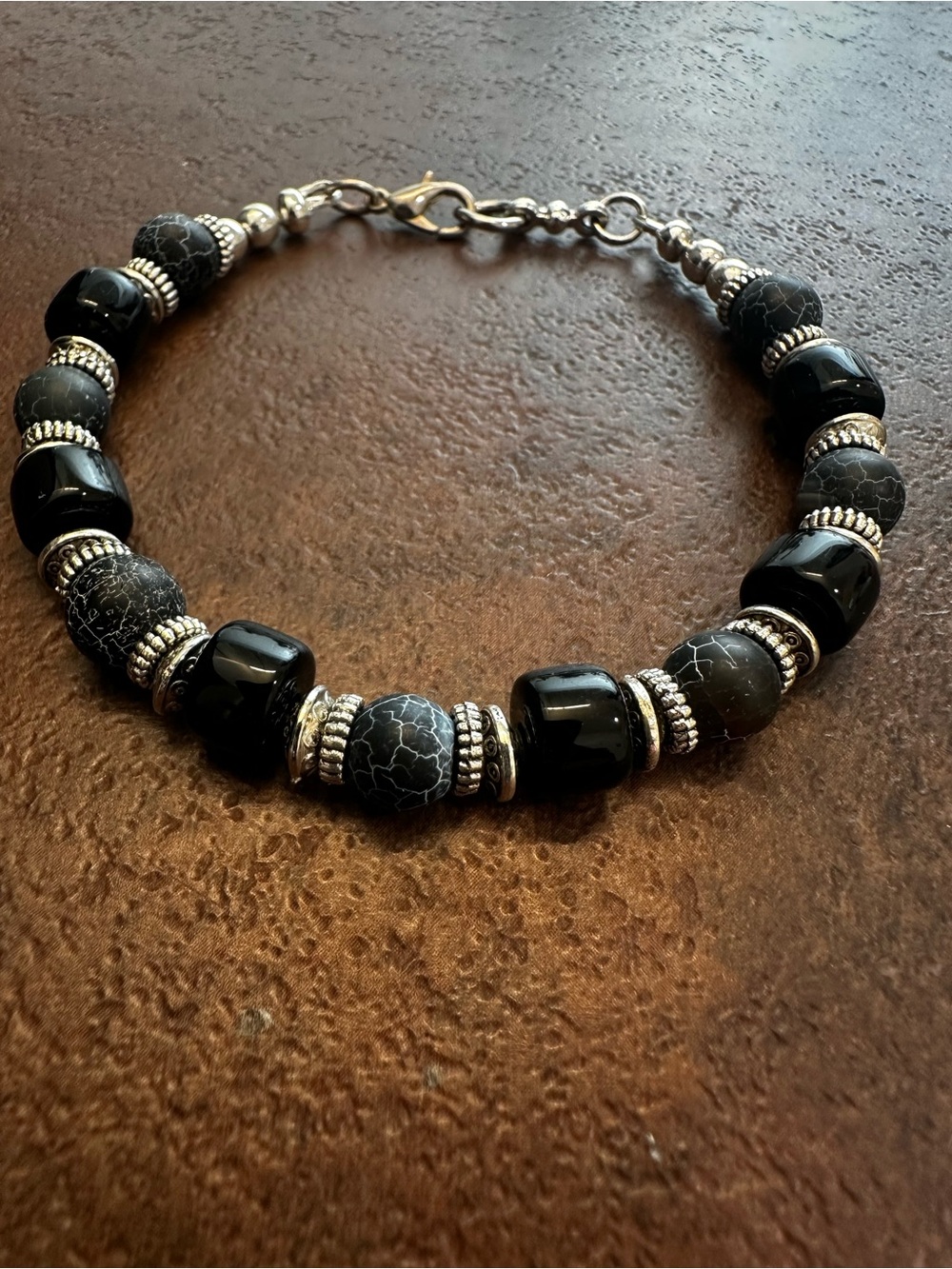 Black Beaded Unisex Bracelet - Silver Accents